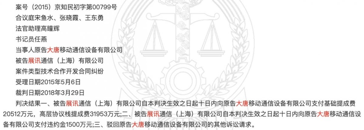 大唐移动起诉展讯通信索要6.8亿技术提成费 法院已受理财产保全(图2) 大唐移动起诉展讯通信索要6.8亿技术提成费 法院已受理财产保全(图2)