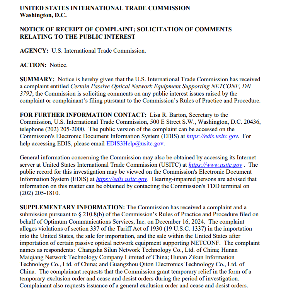 美国对华无源光网络设备发起337调查 四家企业涉案(图1)