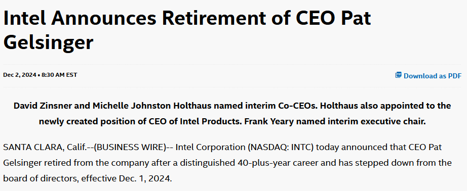 英特尔宣布CEO基辛格退休，立即生效(图1)
